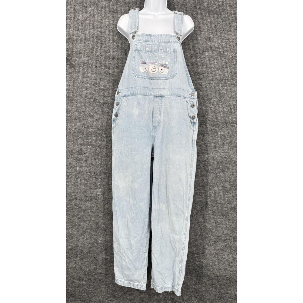 Vintage Christopher & Banks Overalls Womens L Blue Denim‎ Snowman Embroidered
